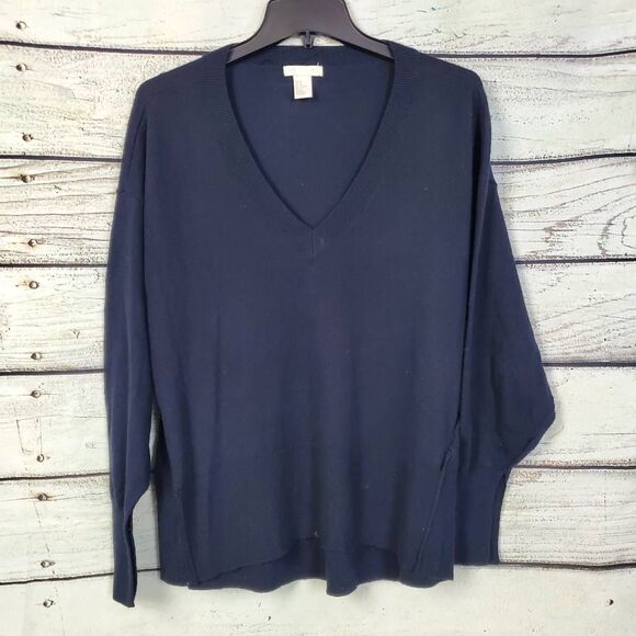 H&M Conscious Women’s Sweater Size M Navy Blue V-Neck Long Sleeve Pullover - Picture 1 of 6